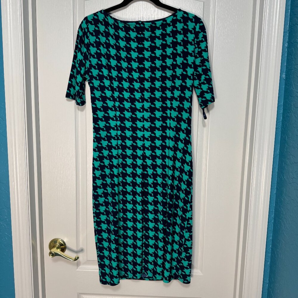 Anne Klein Houndstooth Sheath Dress Ruched Career Cocktail Teal Blue 8 - Picture 2 of 6